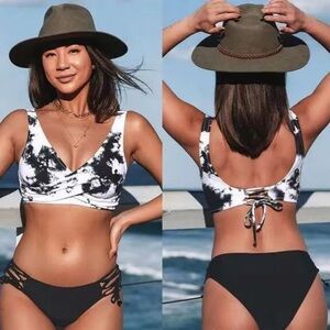Women's Two Piece Padded Black White Bikini Set swimming suit NWT M